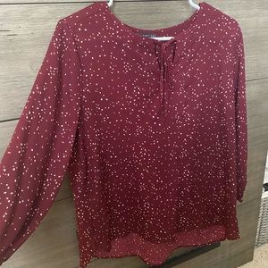 Burgundy shirt with white polka dots